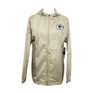 NFL Green Bay Packers Men’s Jacket Tan Windbreaker Full Zip Hooded Size Small